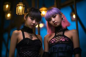 twee Aziatisch Dames in gotisch outfits staand De volgende naar elk andere generatief ai foto