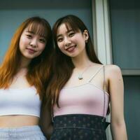 twee Aziatisch Dames poseren voor de camera generatief ai foto