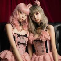 twee meisjes in roze outfits zittend Aan een bankstel generatief ai foto