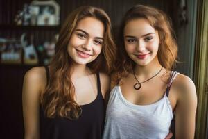 twee mooi jong Dames poseren voor de camera generatief ai foto