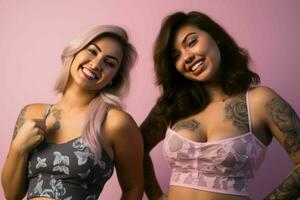 twee Dames met tatoeages poseren voor de camera generatief ai foto