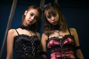 twee jong Dames gekleed in gotisch kleding poseren voor de camera generatief ai foto