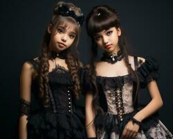 twee jong Dames gekleed in gotisch kleding poseren voor de camera foto