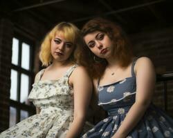 twee jong Dames in bloemen jurken zittend Aan de trap generatief ai foto