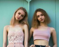 twee jong Dames in roze en roze shorts staand De volgende naar elk andere generatief ai foto