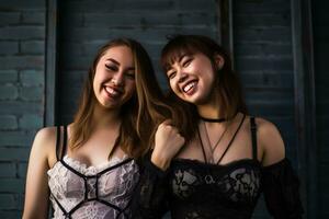 twee jong Dames in lingerie poseren voor de camera generatief ai foto