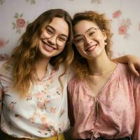 twee jong Dames poseren voor de camera in voorkant van bloemen behang generatief ai foto