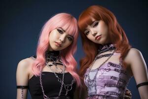 twee jong Dames met roze haar- poseren voor de camera generatief ai foto