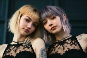 twee jong Dames met tatoeages poseren voor de camera generatief ai foto