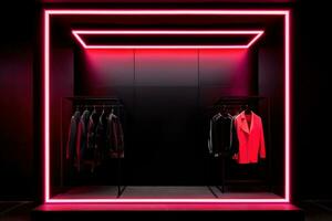 luxe en modieus merk nieuw interieur van kleding op te slaan met neon donker achtergrond, reclame van zwart vrijdag goedkoop kleren, generatief ai illustratie foto