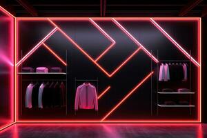 luxe en modieus merk nieuw interieur van kleding op te slaan met neon donker achtergrond, reclame van zwart vrijdag goedkoop kleren, generatief ai illustratie foto