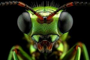 detailopname van insect oog en hoofd met mooi wazig achtergrond, generatief ai illustratie foto