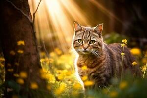 detailopname van schattig kat staren Bij iets met mooi bokeh achtergrond, generatief ai illustratie foto