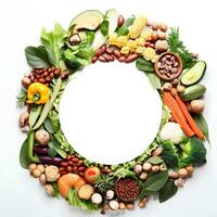 cirkel versierd veganistisch achtergrond met divers kleurrijk groenten ai generatief foto