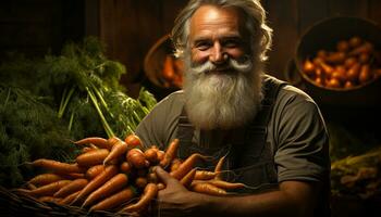 een senior Mens, een boer, Holding vers biologisch wortels gegenereerd door ai foto