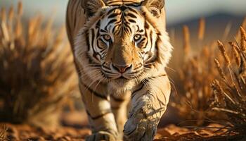 majestueus Bengalen tijger wandelen in de wild, staren fel gegenereerd door ai foto
