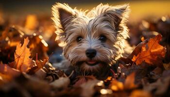 schattig puppy zittend in herfst Woud, op zoek Bij camera gegenereerd door ai foto