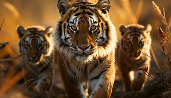 majestueus Bengalen tijger wandelen, staren, natuur schoonheid in kalmte gegenereerd door ai foto
