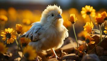 schattig baby kip op zoek Bij geel bloem in weide gegenereerd door ai foto