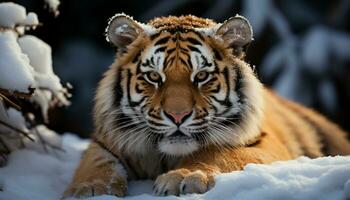 majestueus Bengalen tijger, woest en alert, staren in camera gegenereerd door ai foto