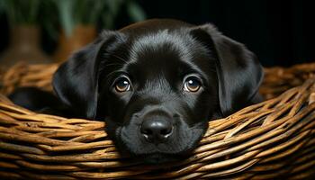 schattig puppy zittend in mand, op zoek Bij camera onschuldig gegenereerd door ai foto