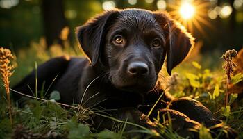 schattig puppy zittend in gras, op zoek Bij camera, speels gegenereerd door ai foto