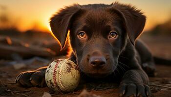 schattig puppy spelen met bal in de gras gegenereerd door ai foto