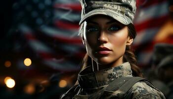 een jong vrouw, leger uniform, op zoek Bij camera gegenereerd door ai foto