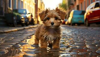 een schattig puppy wandelen in de gras, genieten van de zonsondergang gegenereerd door ai foto