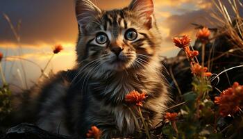 pluizig katje zittend in gras, staren Bij zonsondergang, speels gegenereerd door ai foto