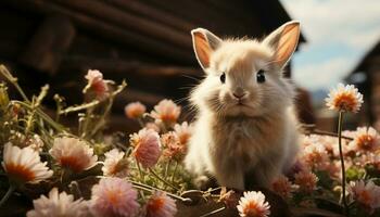 schattig baby konijn zittend in gras, genieten van natuur schoonheid gegenereerd door ai foto