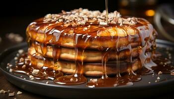 vers gebakken eigengemaakt pannenkoek stack met chocola siroop en fruit gegenereerd door ai foto