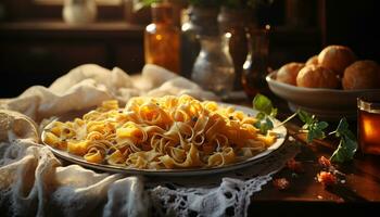 gezond aan het eten eigengemaakt vegetarisch pasta Aan rustiek houten tafel gegenereerd door ai foto