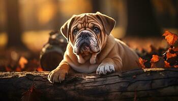 schattig bulldog puppy zittend buitenshuis, op zoek Bij camera, speels gegenereerd door ai foto