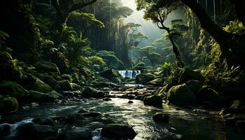 mysterieus tropisch regenwoud donker, mistig, rustig tafereel, vloeiende water gegenereerd door ai foto