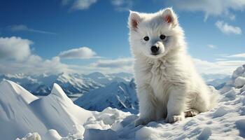 een schattig pluizig puppy zit in de sneeuw, op zoek speels gegenereerd door ai foto