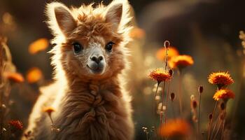 een schattig puppy zittend in de gras, op zoek Bij camera gegenereerd door ai foto