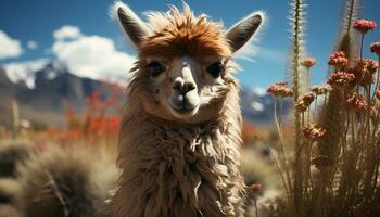 schattig alpaca begrazing Aan groen weide, op zoek Bij camera gegenereerd door ai foto