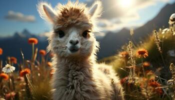 een schattig alpaca schaafwonden in een groen weide onder de zon gegenereerd door ai foto