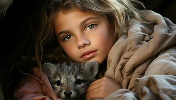 een schattig kind omarmt een klein pup, zuiver liefde en geluk gegenereerd door ai foto