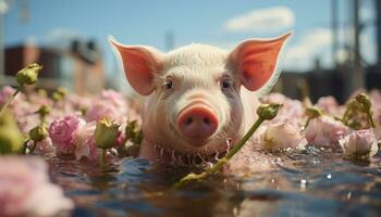 een schattig roze big schaafwonden Aan vers groen weide gegenereerd door ai foto