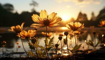 de levendig bloem bloesems in de rustig weide Bij dageraad gegenereerd door ai foto
