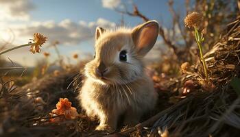 schattig pluizig konijn zittend in gras, genieten van natuur gegenereerd door ai foto