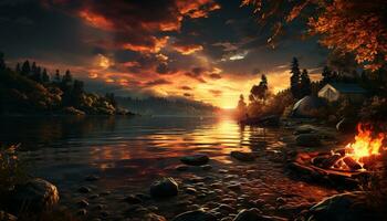 rustig zonsondergang, reflecterend schoonheid in natuur sereen wateren gegenereerd door ai foto