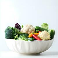 Internationale veganistisch dag viering ai generatief met gezond groenten in wit keramisch kom foto
