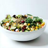 kleurrijk vegetarisch salade decoratie in wit keramisch kom ai generatief foto