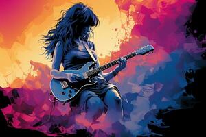 silhouet van een 18 jaar oud meisje, vrouw rots zanger, Speel een elektrisch gitaar en zingen, voorkant, wijnoogst mode, modern affiches. ai generatief foto