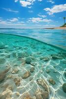 lucht blauw water, wit zanderig strand. ai generatief foto