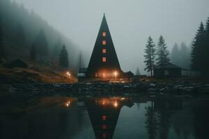 professioneel landschap fotografie in de mystiek mist landschap met een kerk. ai generatief foto