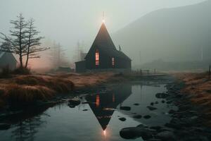 professioneel landschap fotografie in de mystiek mist landschap met een kerk. ai generatief foto